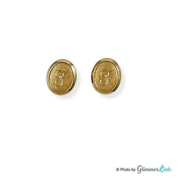 Vintage Letter F Monogrammed Oval Gold Tone Stud Earrings - Picture 1 of 10